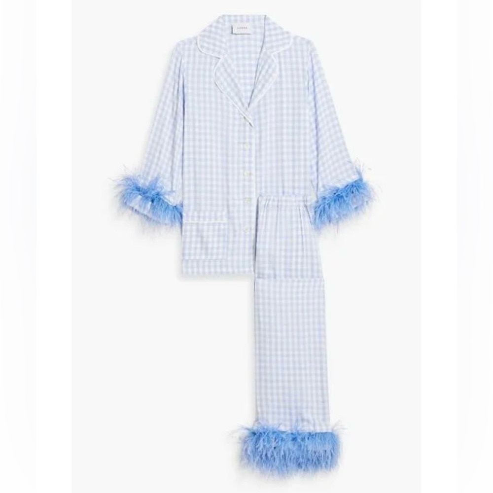 Women's Blue Party Checked Feather-embellished Twill Pajama Set